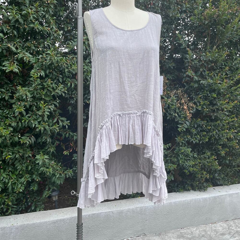 Women’s Light Gray Purple Sleeveless High-Low Ruffle Hem Tunic Top 100% Cotton
